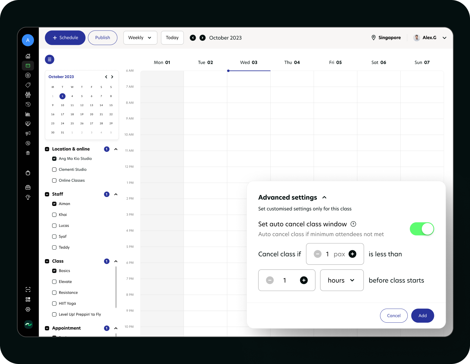 Advance waitlist and cancellation settings