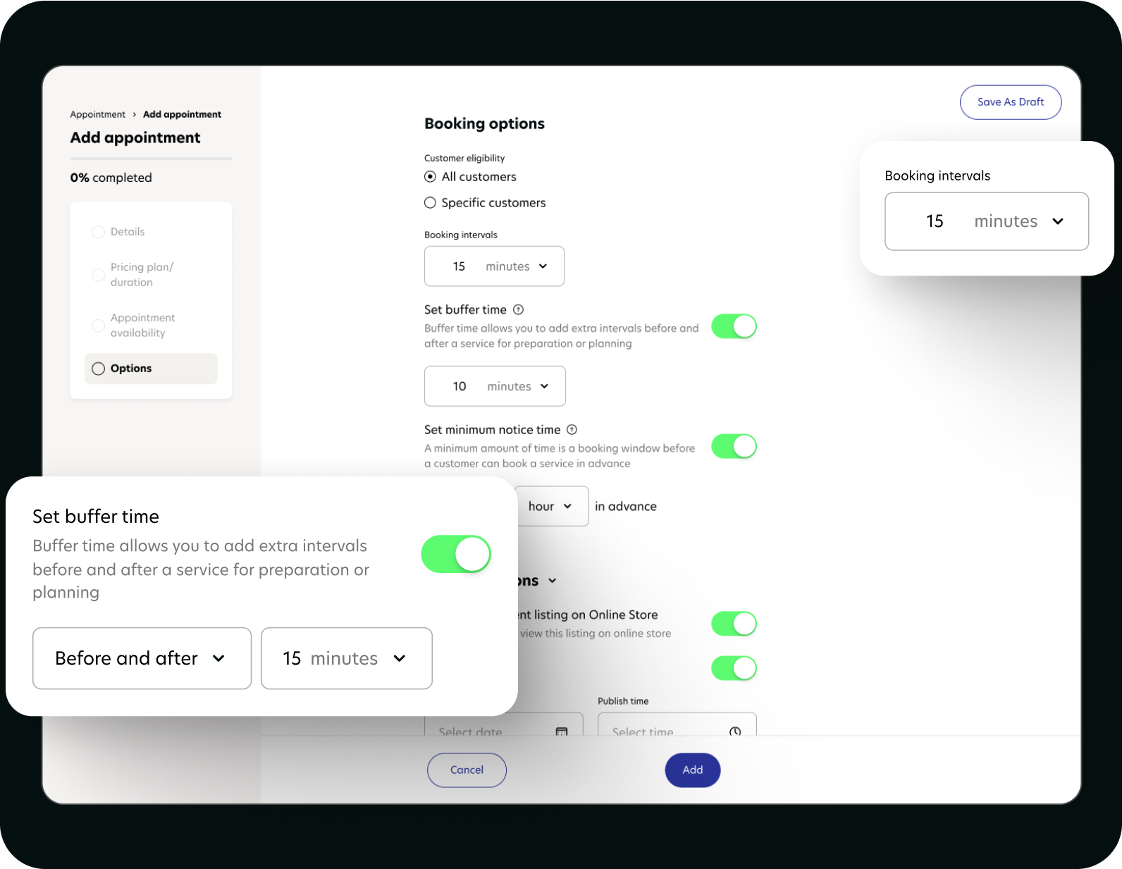 Set booking intervals and buffer time